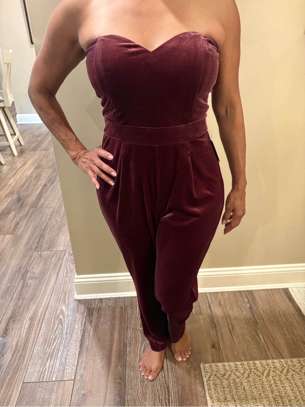 Express Strapless Velvet Jumpsuit in Burgundy